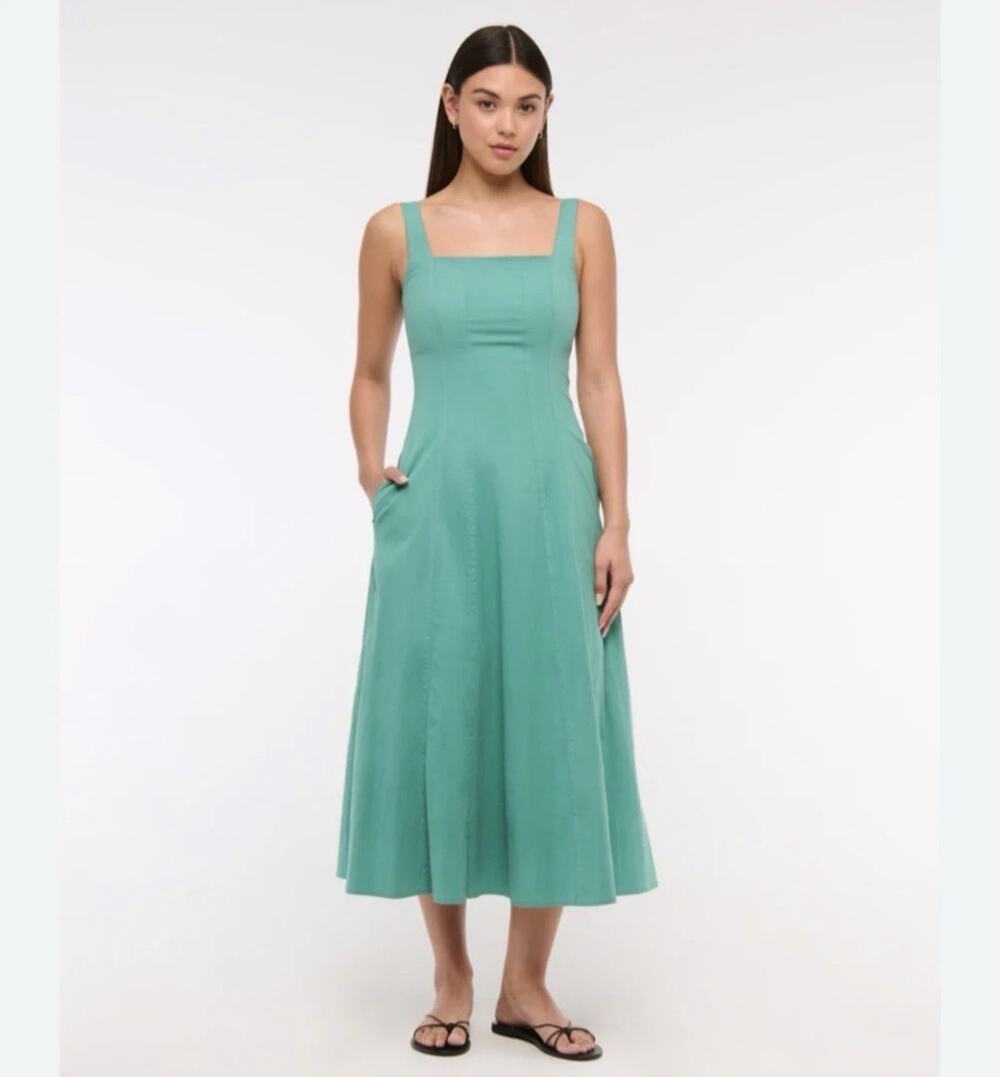 Abercrombie & Fitch XL Petite Green Mila Fit & Flare Stretch Midi Dress New W21